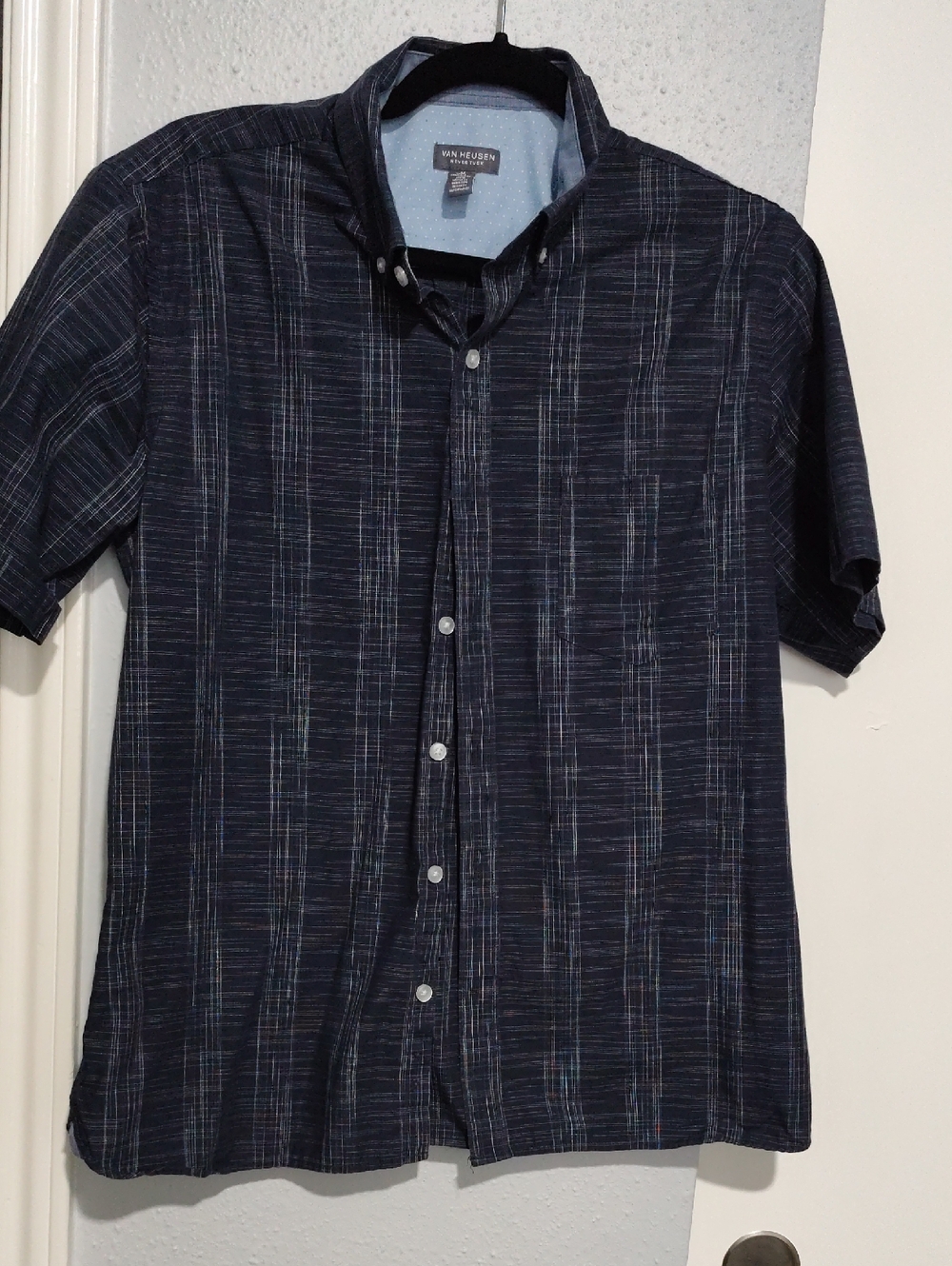 Van Heusen Navy Short Sleeve Button-Down with Subtle Plaid